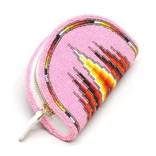 Native Inspired Ethnic Style Seed Bead Beaded Coin Purse (Pink Orange)