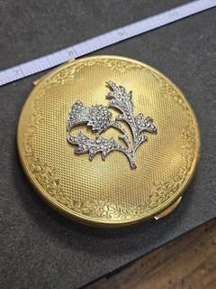 KIGU Gold Tone Powder Compact with Mirror Rhinestone Floral Design