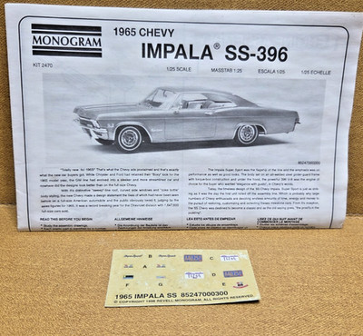 1965 Chevy Impala SS 396 DECALS & INSTRUCTIONS   1/25 Scale Monogram NEW PARTS