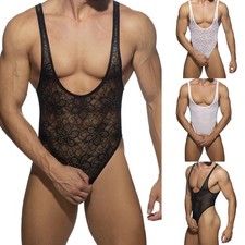 Men's See Through Lace Bodysuit with Pouch for Slimming and Nightclub Dressing