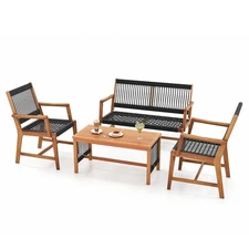 Patio 4pcs Acacia Wood Conversation Table & Chair Set Hand-Woven Rope Outdoor