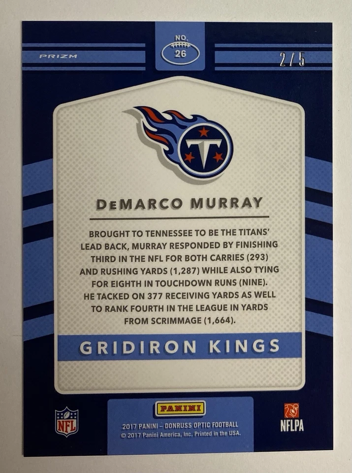 2017 Donruss Optic Green Emerald Prizm #/5 DeMarco Murray Gridiron Kings Rare - Image 2 of 4