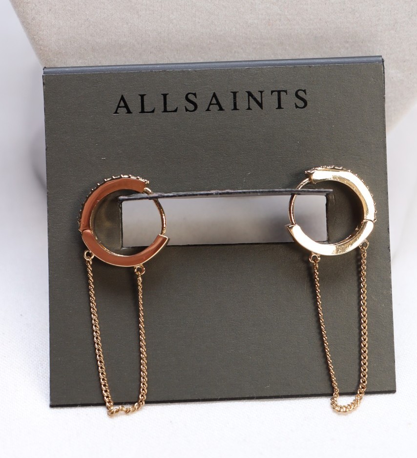 AllSaints Gold Tone Chain Drop Pave Huggie Hoop Earrings New $42
