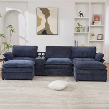 U Shaped Modular Sectional Sofa w/Storage Console,Cup Holders,Movable Footstools