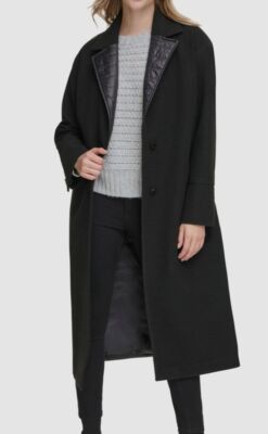 Calvin Klein Women's Black Mixed Media Puffer Trim Long Coat Jacket Size M