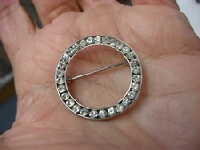 Vintage Art Deco Style Sterling Silver & Rhinestone Circle Pin Brooch #A106