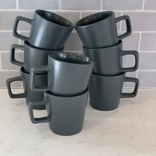 Set of 8 Stone Lain Gray Matte Modern Coupe Stoneware Coffee Mugs Cups