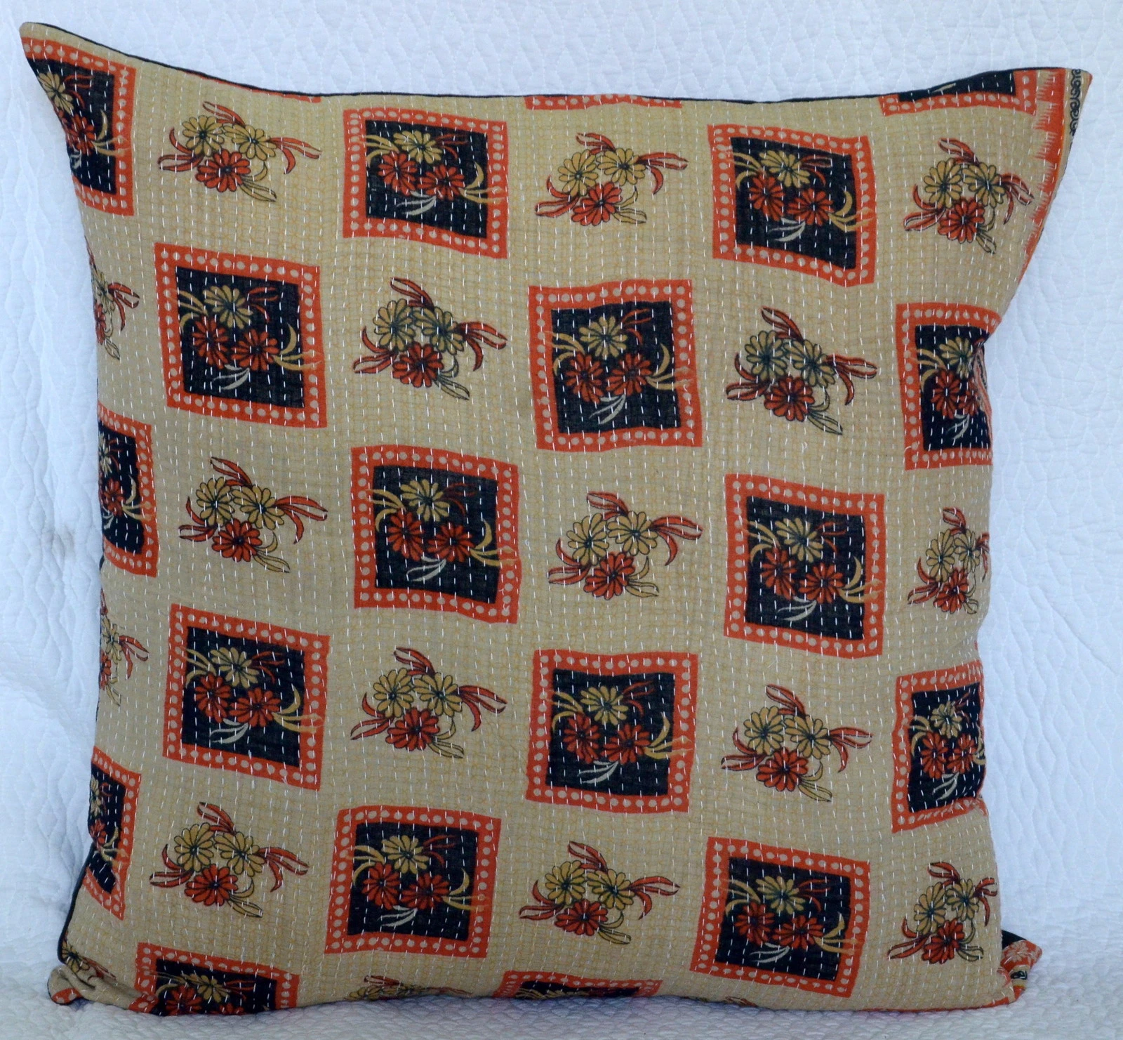 24" INDIAN SOFA DECOR VINTAGE FLORAL PRINTED COTTON KANTHA CUSHION COVER THROW