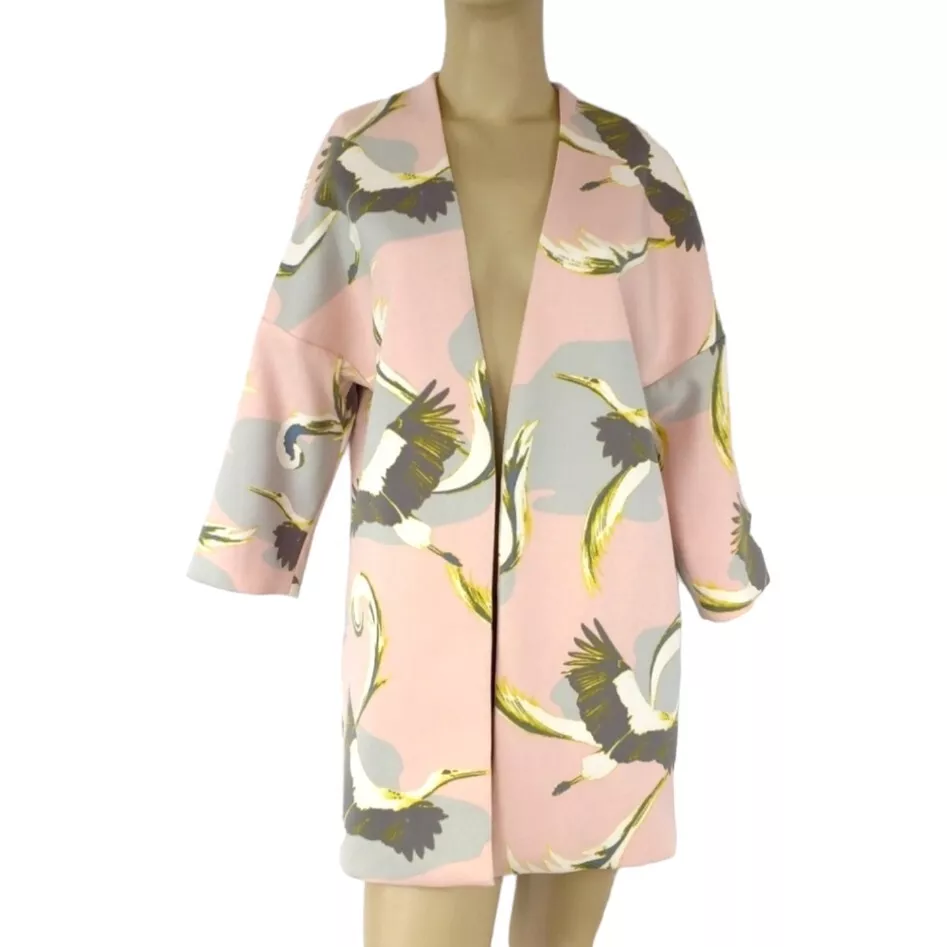 H M Peach Crane Patterned Blazer Oversize Kimono Style Jacket