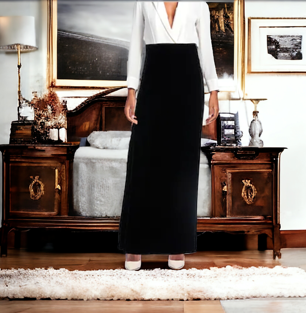 Maxi gonna avvolgente in crepe nera SAINT LAURENT anni 80 taglia S