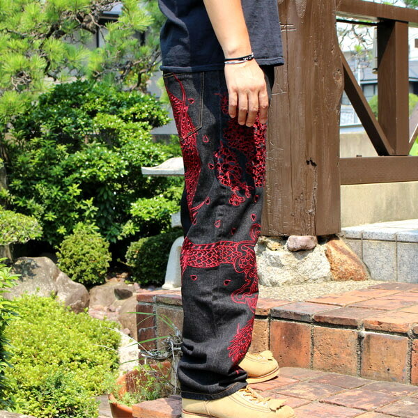 Mens Jeans Japanese Pattern Embroidery Black Denim Pants Straight