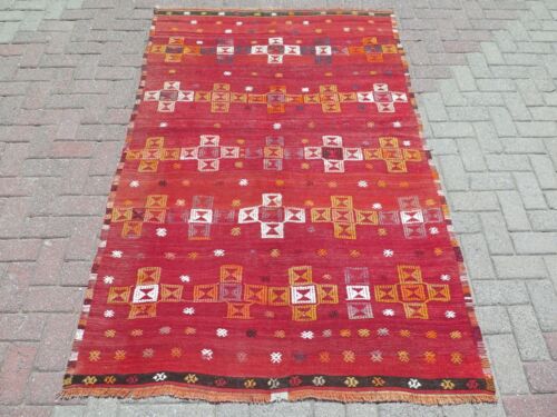 Embroidery Rug, Turkish Kilim Wool Rug, Handmade Floor Carpet, Red Kelim 53"x81"