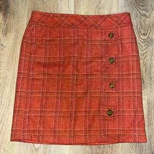 J McLaughlin Fully lined Orange Plaid Wool Mini Skirt w Faux Button Detail 4