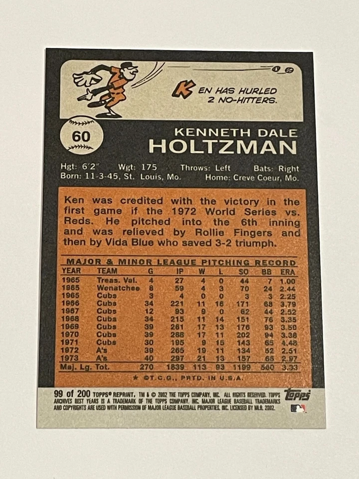 2002 Topps Archives Baseball #99 - Ken Holtzman - Oakland Athletics - Image 2 of 2