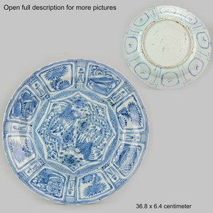 36.8CM Transitional Ming Chinese Porcelain Fenghuang Kraak Charger Flowe...