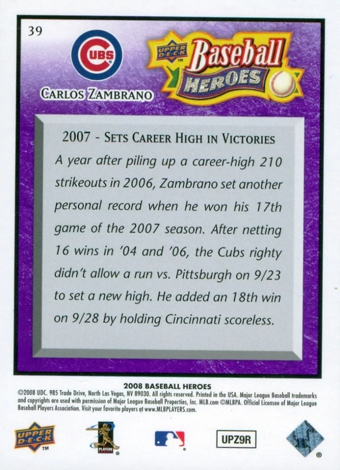 Carlos Zambrano 2008 cubierta superior béisbol héroes #39 - púrpura paralelo SP/ #03/25 Foto 2 de 2