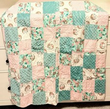 Girls Handmade Baby Quilt 38x41 Pink Blue Hedgehog Flowers