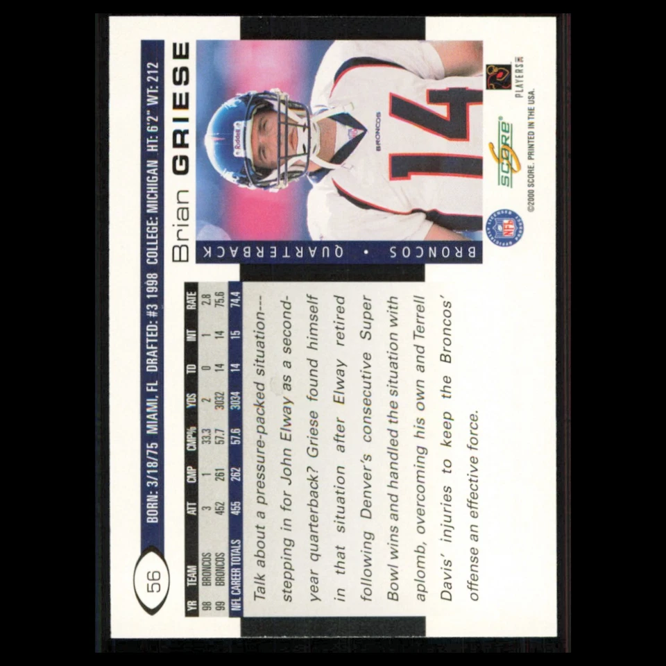 Brian Griese #56 2000 Score Denver Broncos Football Card NFL NM - Image 2 of 3