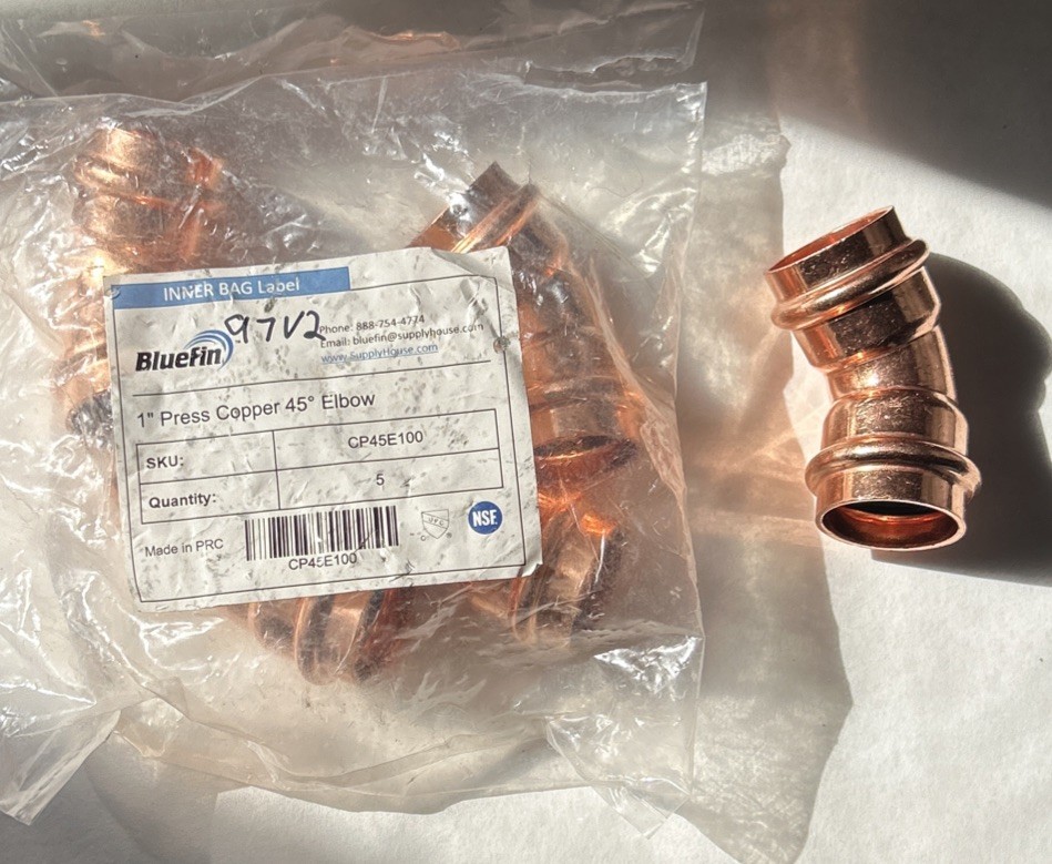 Lot Of 5 Bluefin 45° COPPER ELBOW FITTING, 1" PRESS x 1" PRESS