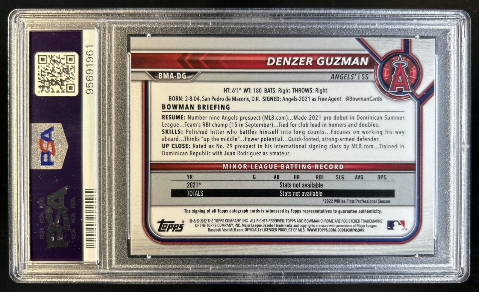 2022 Bowman Mega Box Denzer Guzman Auto Mojo Refractor #BMA-DG Angels PSA 10 view 2
