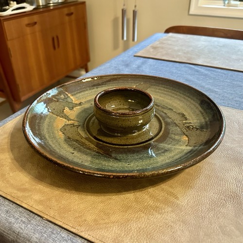 Studio Pottery Ceramic Chip and Dip Platter Vintage Blue Green - 第 1/4 張圖片