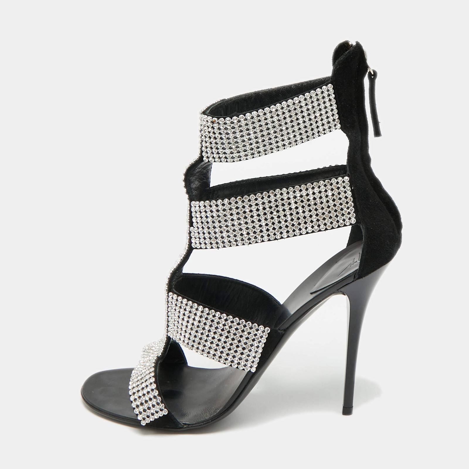 Giuseppe Zanotti Size 37 Black Suede Crystal Embellished Ankle Strap Sandals