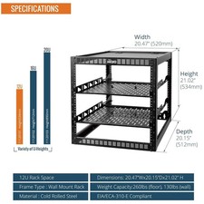12U Open Frame Network Rack with Shelves