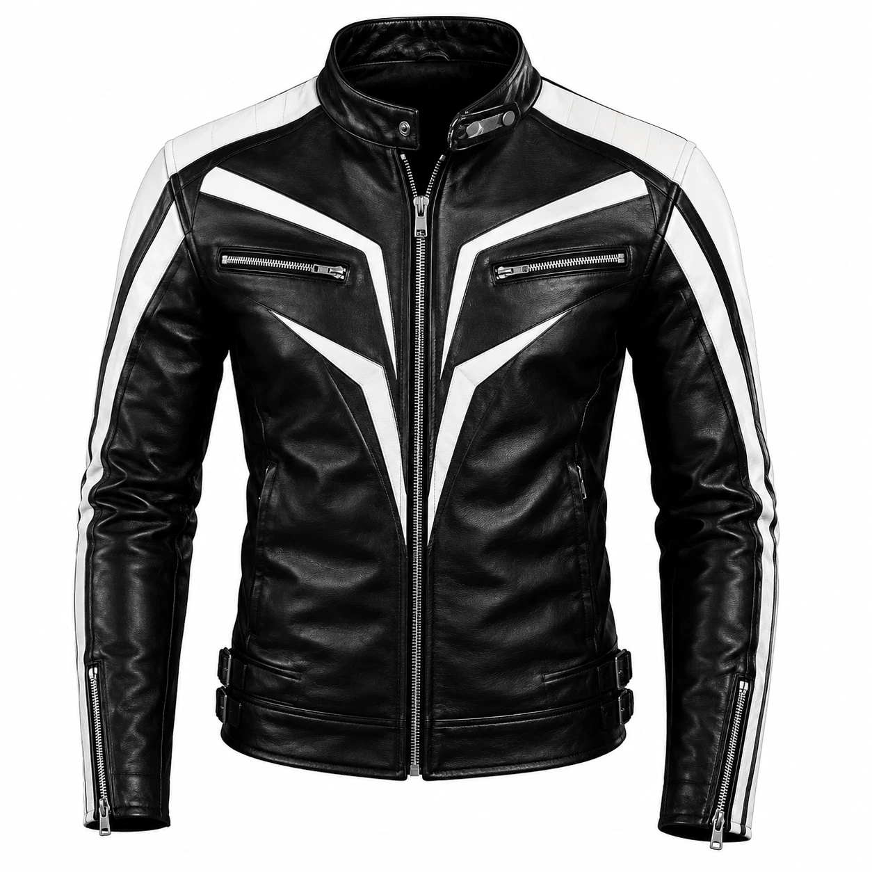 Men’s Moto Leather Jacket Black White Racer Biker Motorcycle Slim Fit Coat