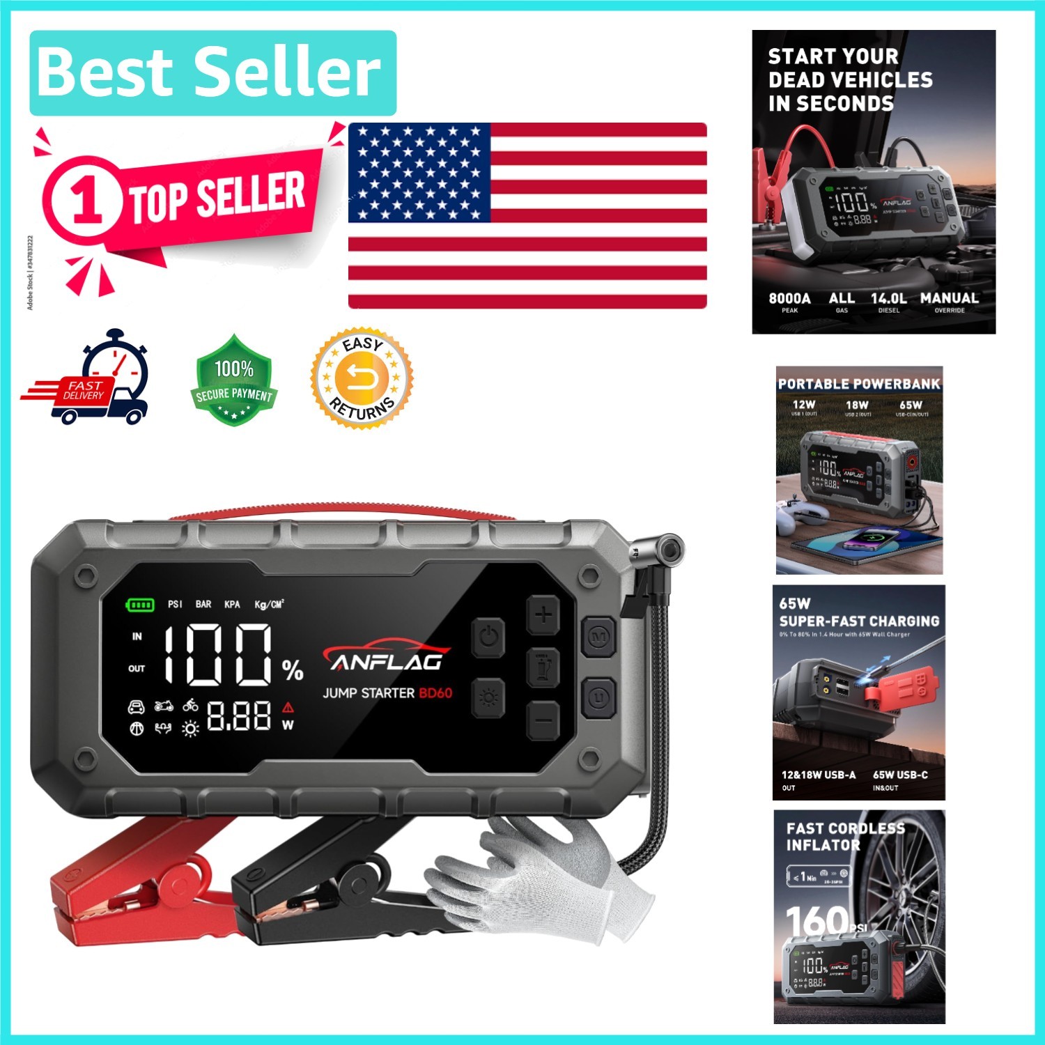 10-in-1 Car Jump Starter & 160 PSI Air Compressor, 8000A Pea