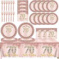 61 PCS Rose Gold 70th Birthday Decorations Plates Napkins Tablecloth Serves 20