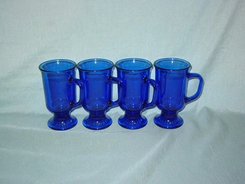 Vintage Anchor Hocking Cobalt Blue Glass Footed Coffee Mugs Lot of 4