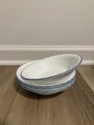 Set of 4 Corelle Corning Pink Trio Bowls Salad Soup Swirl Edge Blue Trim 7.25 