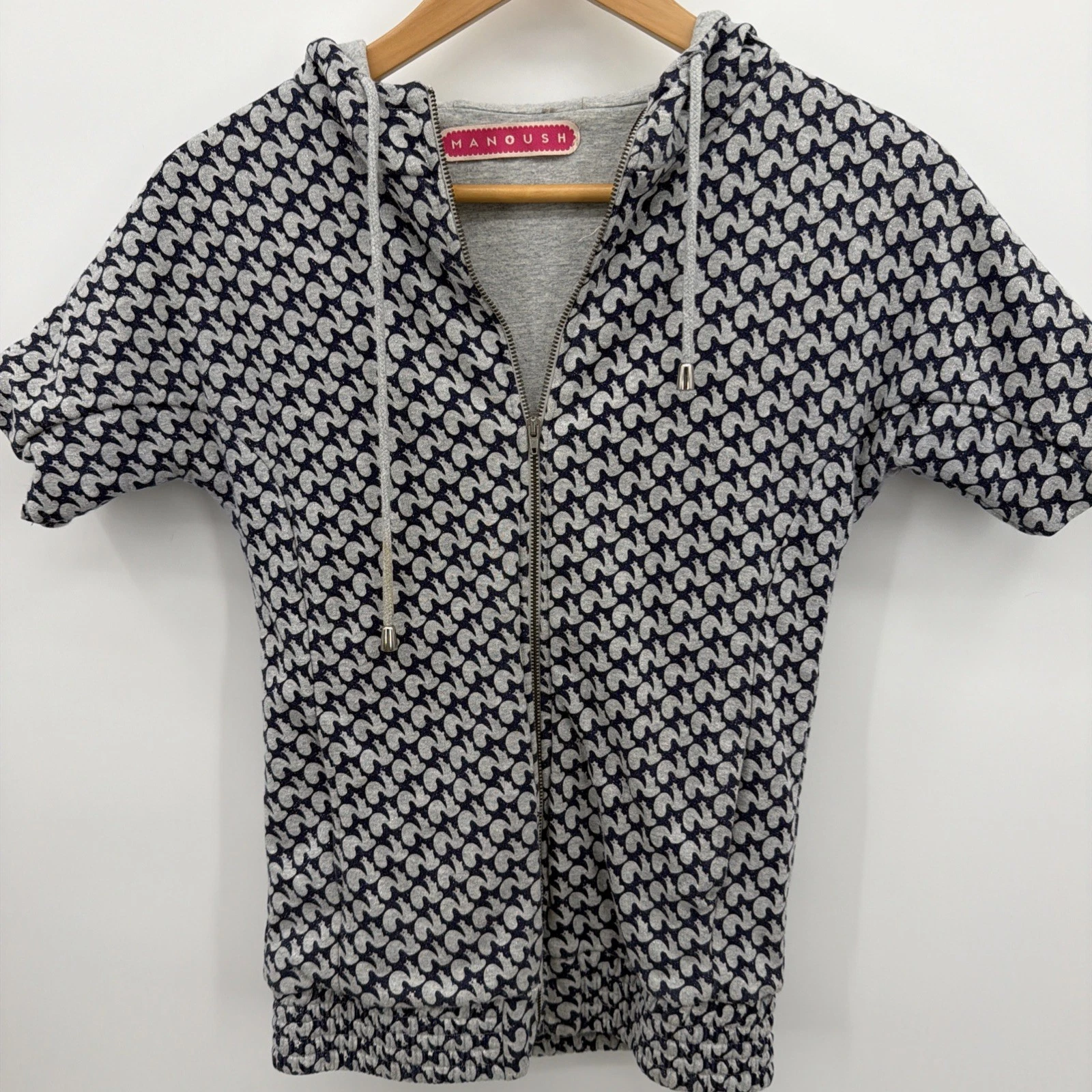 Manoush Short Sleeve Sz S Navy Gray Silver Hoodie Squirrels Fitted Sparkles
