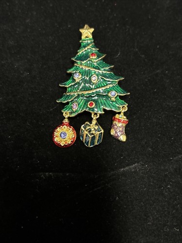 Vintage CHRISTOPHER RADKO Brooch Enamel rhinestone Christmas Tree Dangle Charm