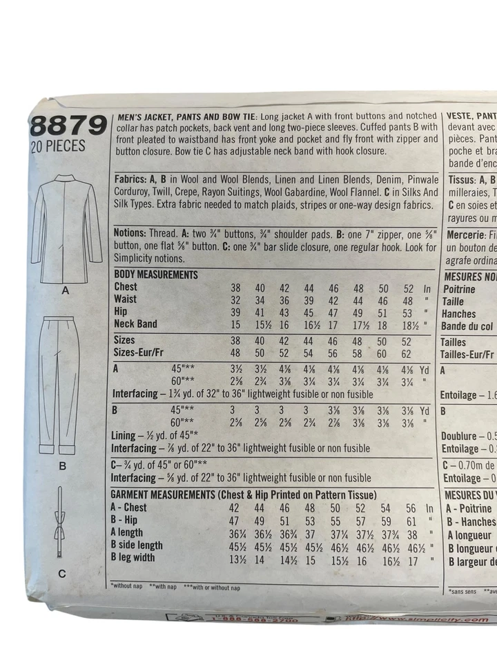 UNCUT FF Sewing Pattern 8879 GANGSTER Mens Jacket Pants Bow Tie Size 38-44 - Image 2 of 2