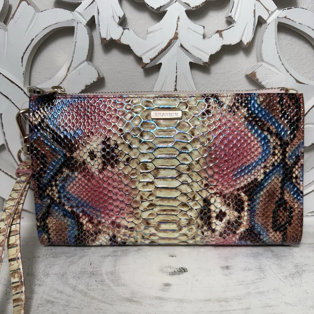 Brahmin Daisy Clutch Wristlet Pink Blue Snake Assorted Leather