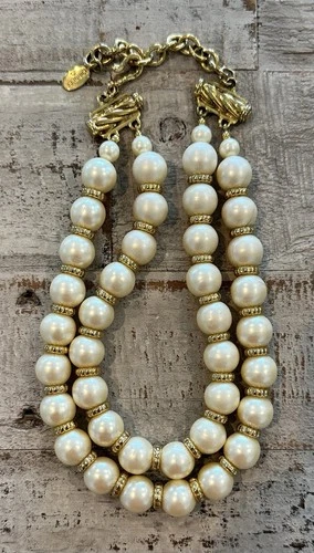 Carolee Vtg Two Strand Off White Champagne Faux Pearl Choker Necklace 14 -16"