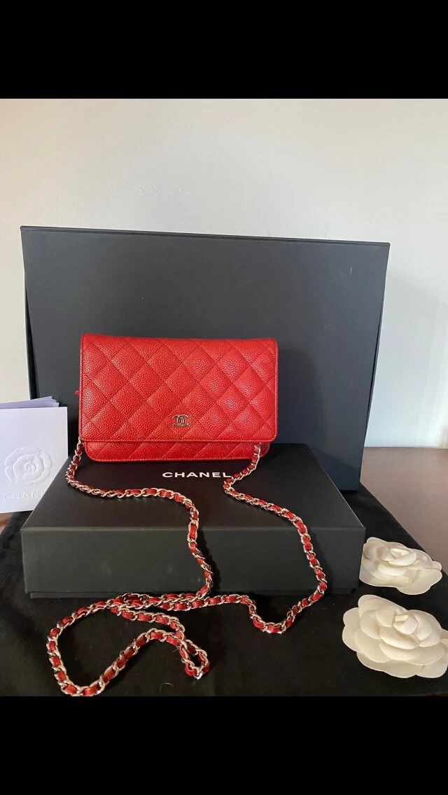 Chanel red caviar leather wallet on chain ( WOC ) with silver hardware