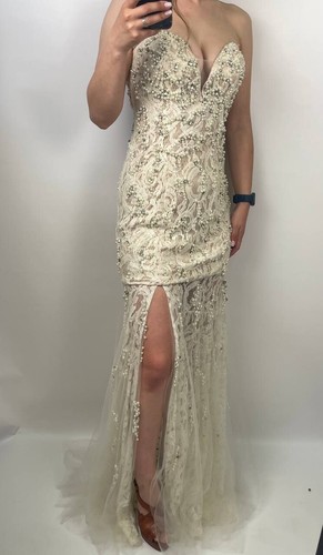 Jovani Strapless Lace Gown Beaded Pearl Nude Ivory Dress Sz 4 Small Prom Formal - Picture 5 of 22