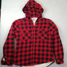 Boston Traders Flannel Shirt Jacket Women's Small Red Buffalo Plaid Sherpa Hood
