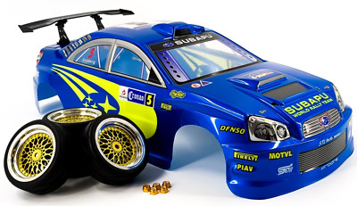 Subaru WRC WRX RC Car Karosserie 1/10 + Gold Chrom Felgensatz mit Goldmuttern