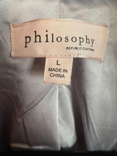 Philosophy Jacket Women Large Gray Faux Leather Moto Open Front Pockets Stretch - Picture 7 of 11