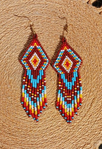 Native American Handmade Beaded Earrings Multicolor Dangle Drop Earrings for Her - Picture 6 of 9