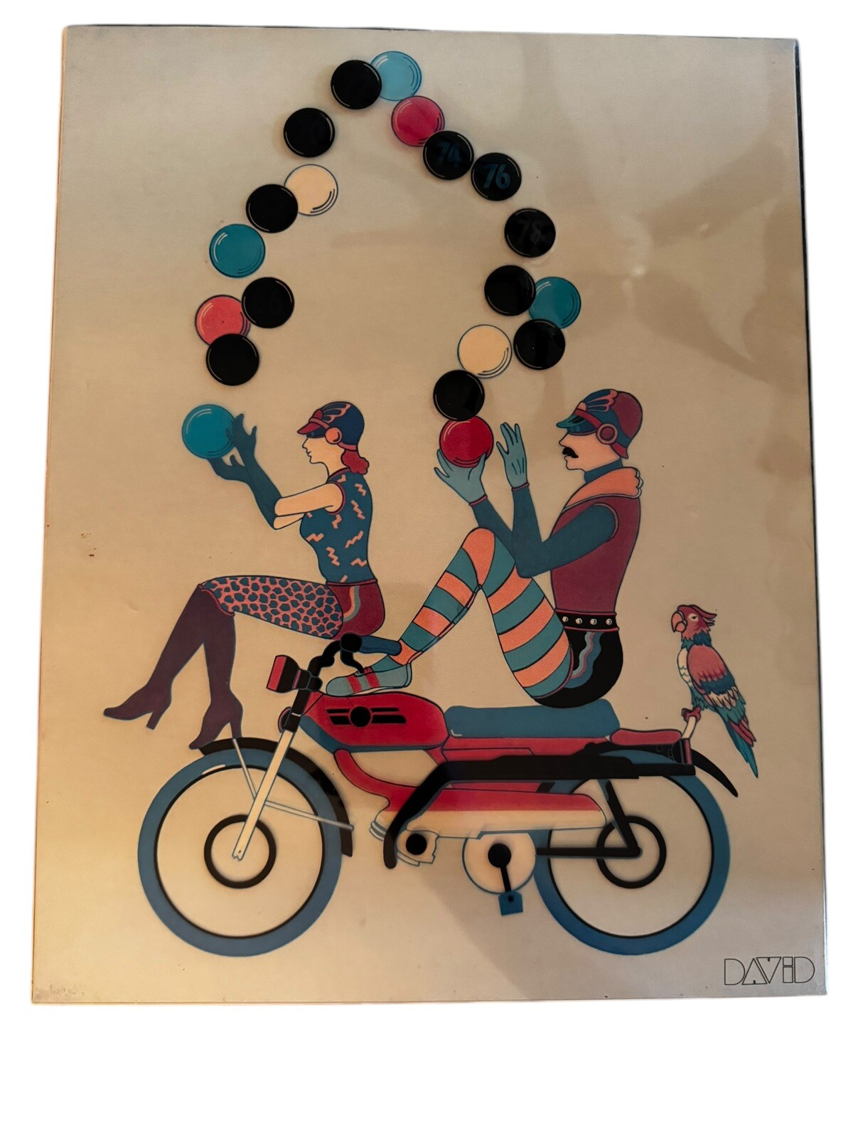 Rare David Davir 2 People On Bicycle With Parrot Printed On Transparent Plastic