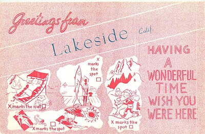 1950s Lakeside California X Marks the Spot comic humor Keating Postcard 25-580