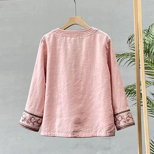 Damen Blumen bestickt Top Ethno Retro Shirt V-Ausschnitt Hanfu Cardigan Shirt Gr. - Bild 6 von 11
