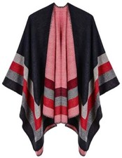 Women's Shawl Wraps Open Front Poncho Cape One Size Series 3-diamond Stripe Red