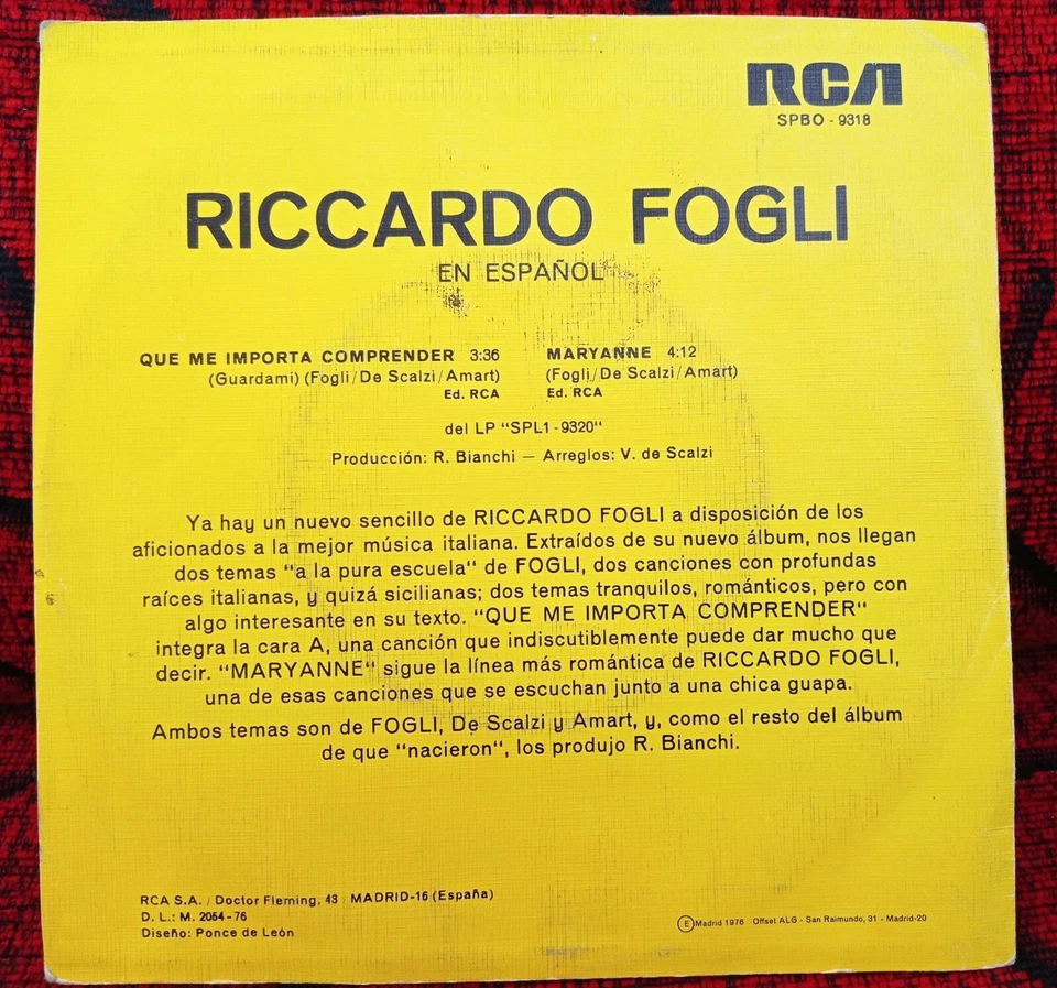 RICCARDO FOGLI *Que Me Importa Comprender / Maryanne* 1976 Spain PROMO 7" Single - Image 2 of 4