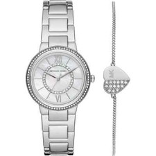 Michael Kors Gabbi Silver Tone Crystal Watch & Heart Bracelet Set NIB MK1033