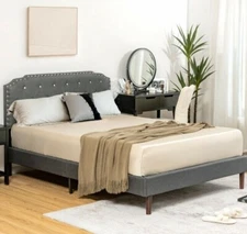 FULL Upholstered Bed Frame Adjustable Diamond Tufted Button Headboard Wood Slats